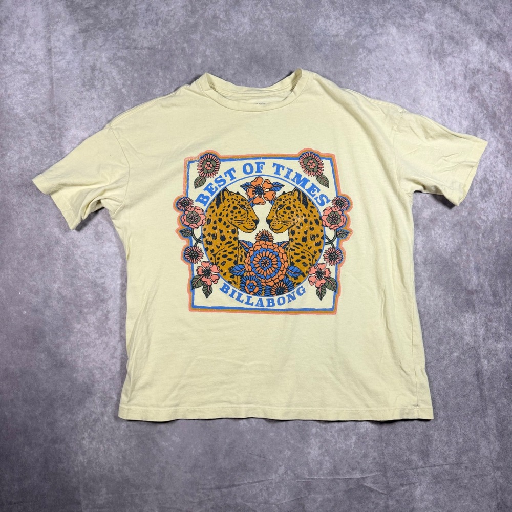 Billabong Best of Times Leopard Floral Graphic Tee Yellow XS Womens Shirt Surf